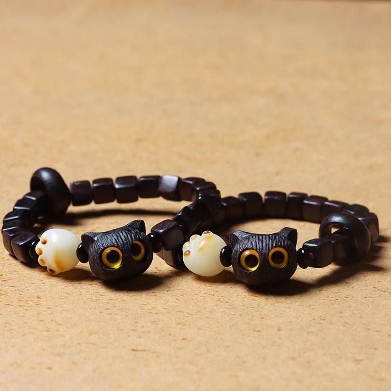 Mythstone Ebony Wood Cute Cat Bodhi Seed Paw Claw Square Beads Calm Bracelet