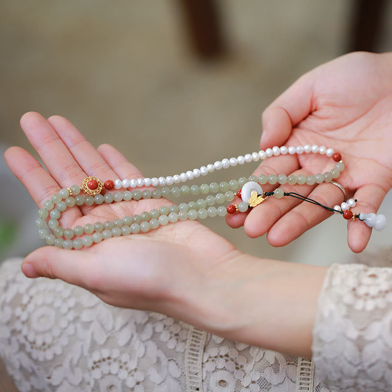 Mythstone 925 Sterling Silver Plated Gold Natural Hetian Jade Pearl Butterfly Gourd Luck Bracelet