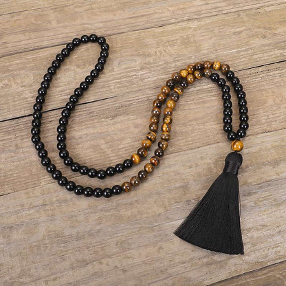 MythStone Tibetan Black Onyx Tiger Eye Protection Necklace Mala Set