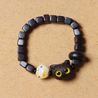 Mythstone Ebony Wood Cute Cat Bodhi Seed Paw Claw Square Beads Calm Bracelet