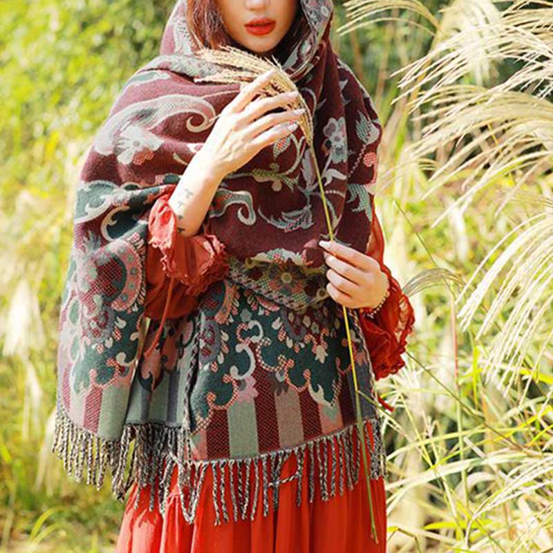 Mythstone Tibetan Flowers Leaves Branch Design Tassel Shawl Cozy Travel Scarf Wrap