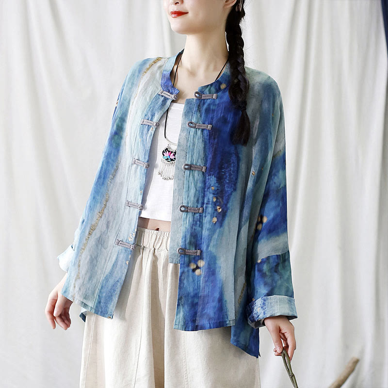 Mythstone Blue White Beige Small Flower Frog-button Design Long Sleeve Ramie Linen Jacket Shirt