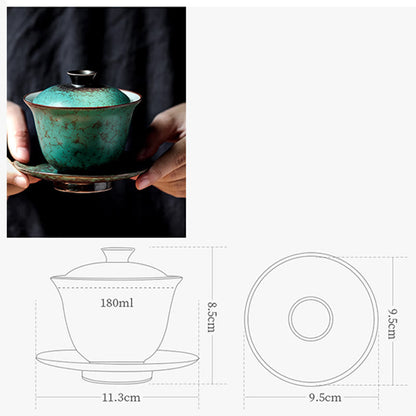 Mythstone Retro Green Glaze Ceramic Gaiwan Sancai Teacup Kung Fu Tea Cup And Saucer With Lid