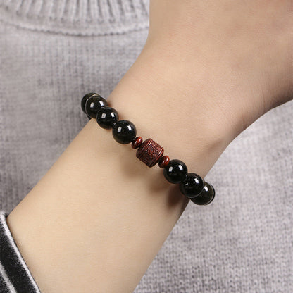 Pulsera curativa con personaje Om Mani Padme Hum Fu y obsidiana arcoíris con brillo dorado natural de Mythstone 