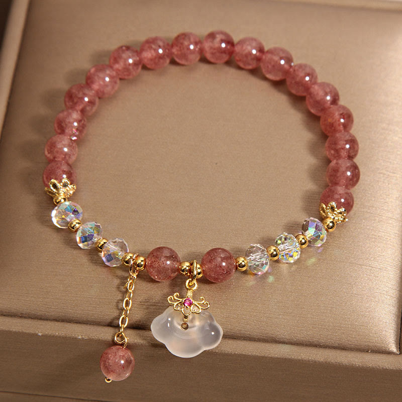 Mythstone Natural Strawberry Quartz Crystal White Agate Auspicious Cloud Healing Bracelet