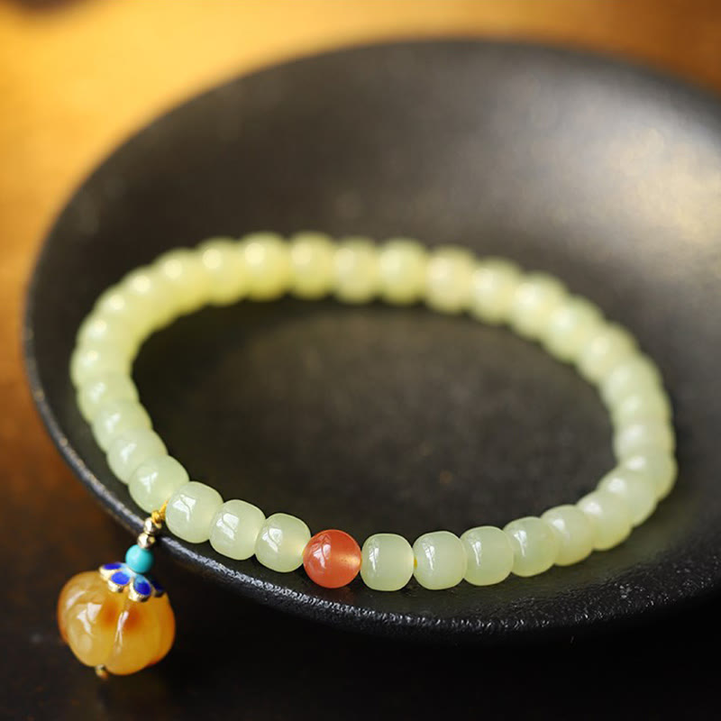 Pulsera de prosperidad con cristal de ágata roja, ámbar y calabaza de jade hetiano natural