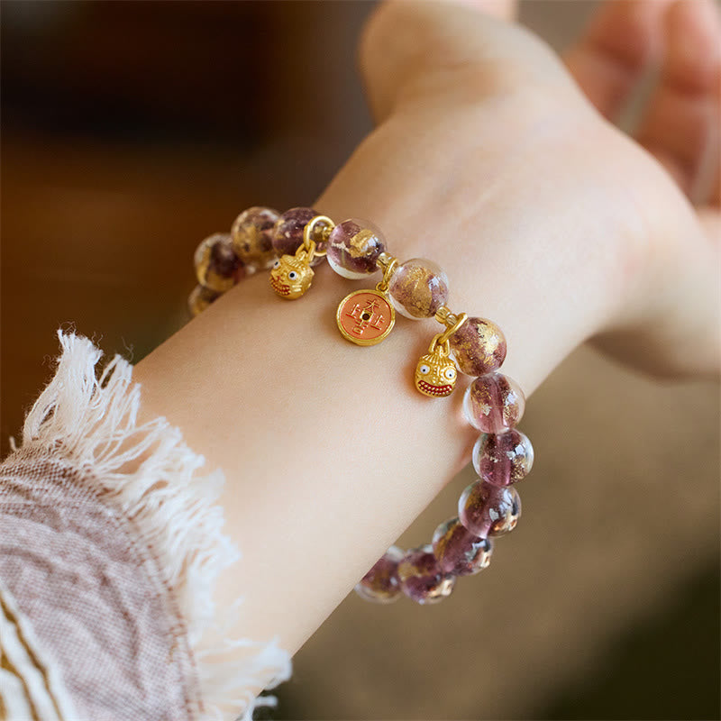 Mythstone Gold Swallowing Beast Copper Coin Good Luck Charm Liuli Glass Bead Fortune Bracelet