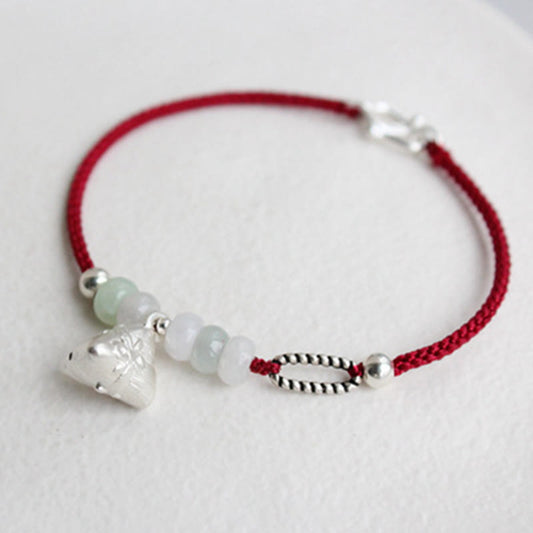 Pulsera de plata de ley 925 con dije de jade rojo y zongzi 