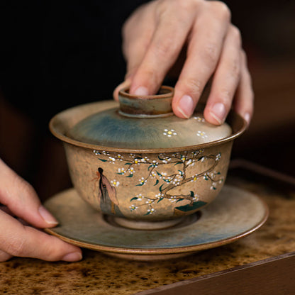 Mythstone Jingdezhen Hand Painted Ru Kiln Porcelain Hanfu Girl Flower Ceramic Gaiwan Sancai Teacup Kung Fu Tea Cup And Saucer With Lid