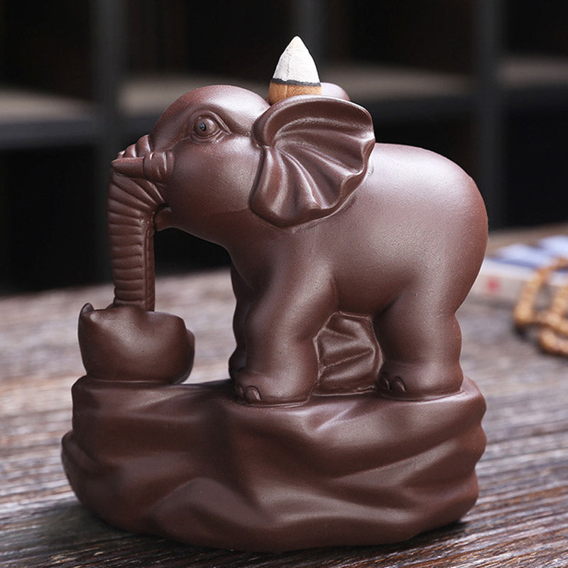 Mythstone Tibetan Elephant Purple Clay Backflow Smoke Fountain Protection Incense Burner Decoration