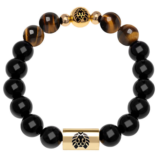 Mythstone Black Onyx Tiger Eye Bead Lion Engraved Protection Bracelet