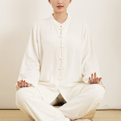 Mythstone 2Pcs White Frog-Button Long Sleeve Shirt Top Pants Meditation Zen Tai Chi Cotton Linen Clothing Women's Set