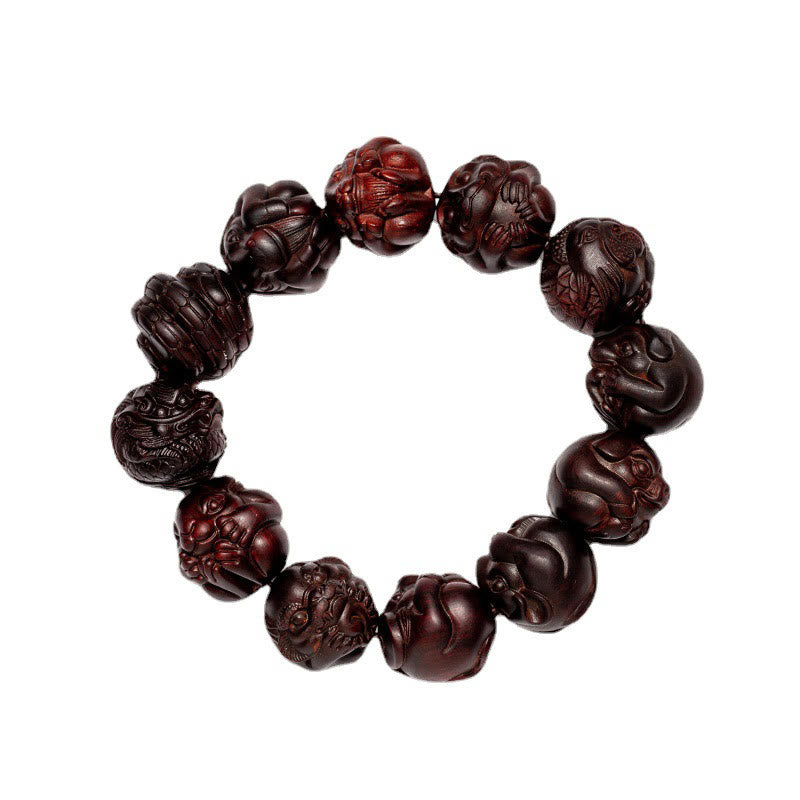 Mythstone Chinese Zodiac Engraved Small Leaf Red Sandalwood Protection Bracelet