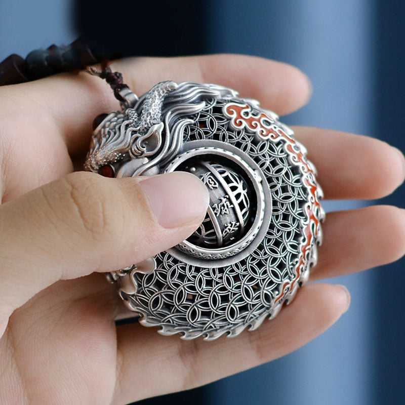 Mythstone 999 Sterling Silver Year of the Dragon Rotatable Ball Five Elements Copper Coin Strength Hanging Decoration