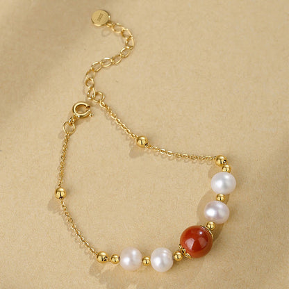 Mythstone 925 Sterling Silver Pearl Cinnabar Healing Bead Chain Bracelet