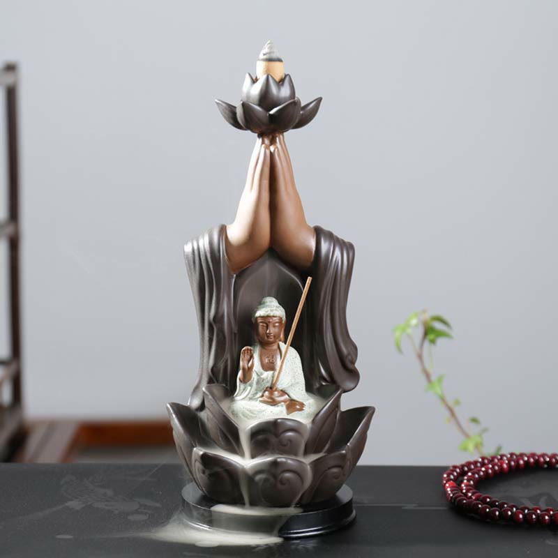 Mythstone Buddha Avalokitesvara Chenrezig Ksitigarbha Ceramic Lotus Blessing Backflow Incense Burner