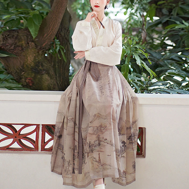 Mythstone V-Neck Long Sleeve Shirt Top Chinese Hanfu Ink Printing Landscape-Printed Horse Face Skirt Mamianqun