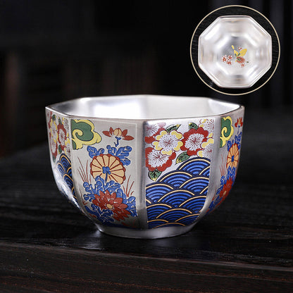 Mythstone 999 Sterling Silver Gilding Chrysanthemum Flowers Ceramic Teacup Kung Fu Tea Cup