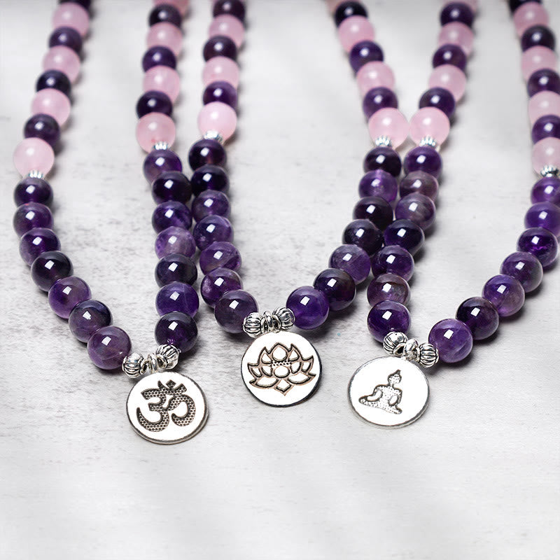 Mythstone Natural Rose Quartz & Amethyst Mala Bead Lotus Pendant Bracelet