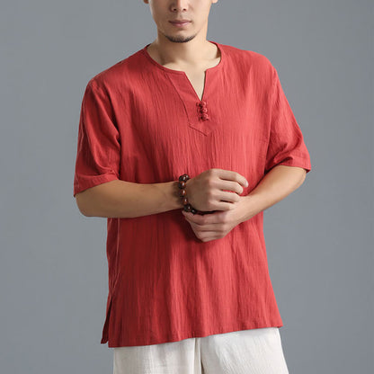 Mythstone Men's Solid Color V-Neck Button Short Sleeve Cotton Linen Shirt