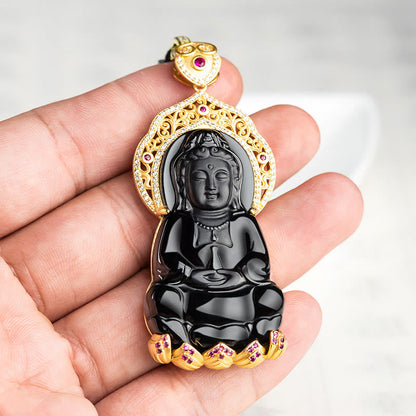 Colgante de plata de ley 925 con jade negro natural y símbolo de la riqueza de Kwan Yin Avalokitesvara