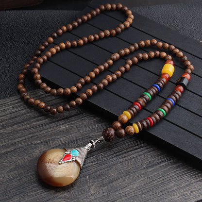 Mythstone Tibetan Wenge Wood Bodhi Seed Agate Balance Peace Necklace Pendant