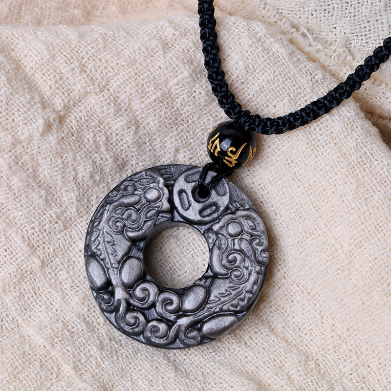 Mythstone Natural Silver Sheen Obsidian Double PiXiu Copper Coin Peace Buckle Protection Necklace Pendant