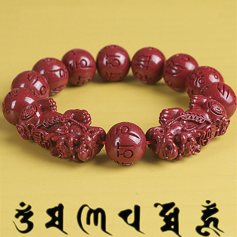 Mythstone Natural Double PiXiu Cinnabar Om Mani Padme Hum Wealth Luck Bead Bracelet