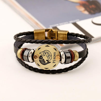 12 Constellations of the Zodiac Hematite Leather Charm Bracelet