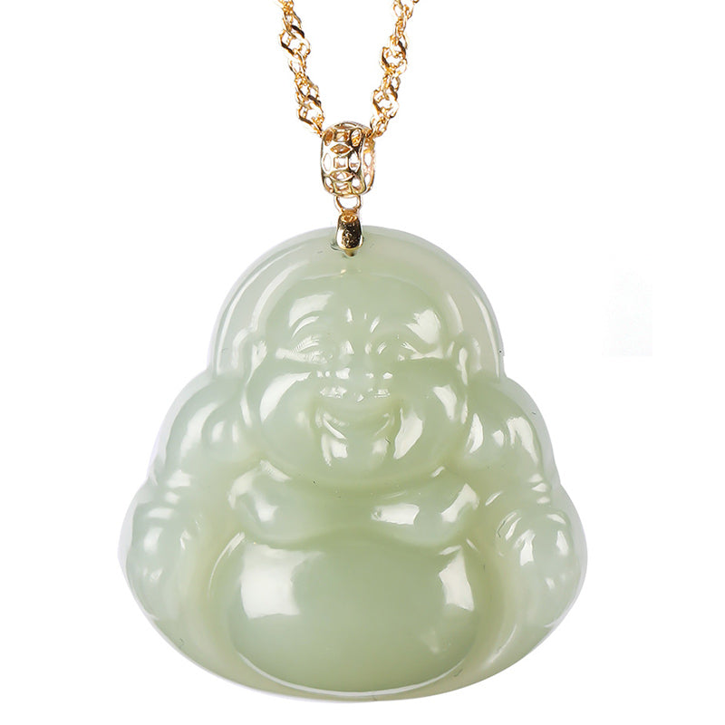 Mythstone 925 Sterling Silver Laughing Buddha Cyan Jade 18K Gold Success Necklace Pendant