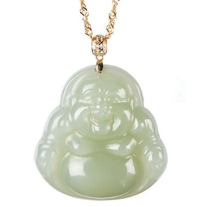 Mythstone 925 Sterling Silver Laughing Buddha Cyan Jade 18K Gold Success Necklace Pendant