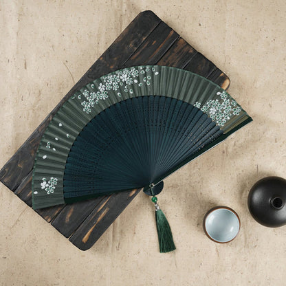 Mythstone Simple Cherry Flower Hollow Engraved Handheld Bamboo Folding Fan