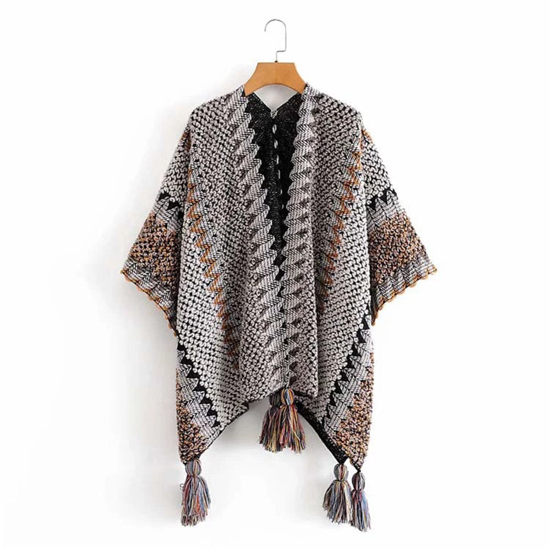 Mythstone Tibetan Shawl Gray Brown Striped Knitted Tassels Winter Cozy Travel Scarf Wrap