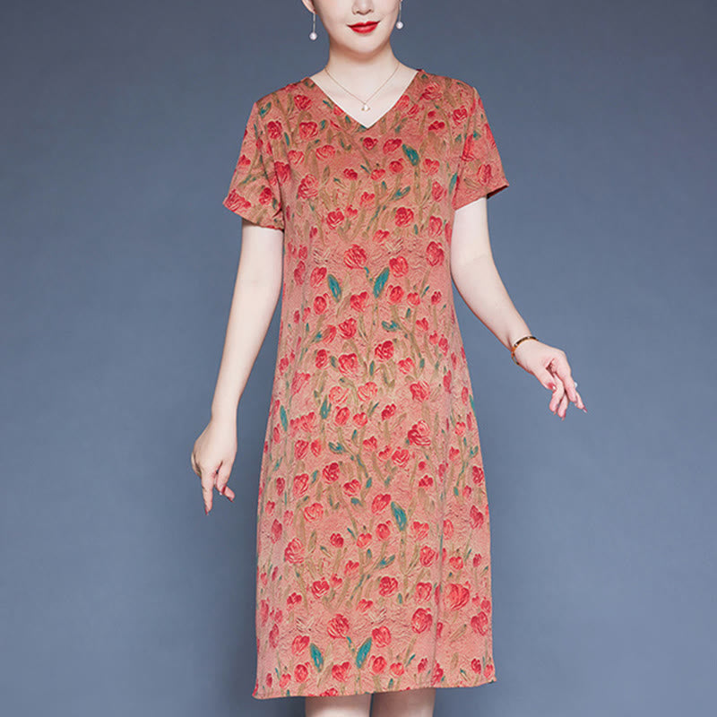 Mythstone V-Neck Tulip Flowers Short Sleeve Midi Dress With Pockets