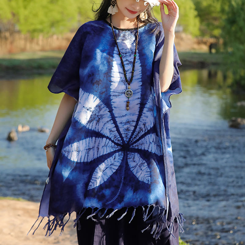 Mythstone Blue Batik Shawl Tassels Maple Leaf Cozy Travel Pullover 95*90cm