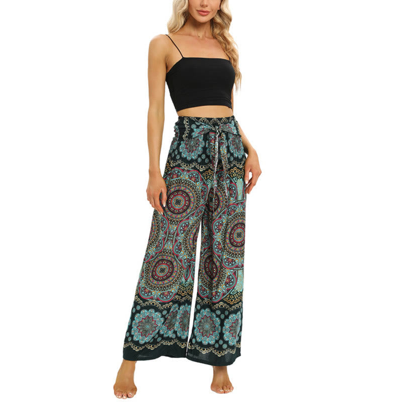 Mythstone Boho Mandala Print Lace-up Wide Leg Pants Women's Yoga Pants