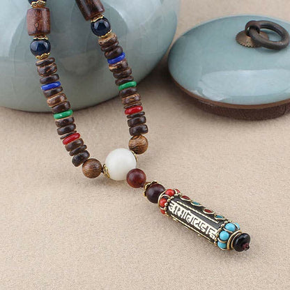 Mythstone Tibetan Om Mani Padme Hum Dzi Bead Wenge Wood Necklace Pendant