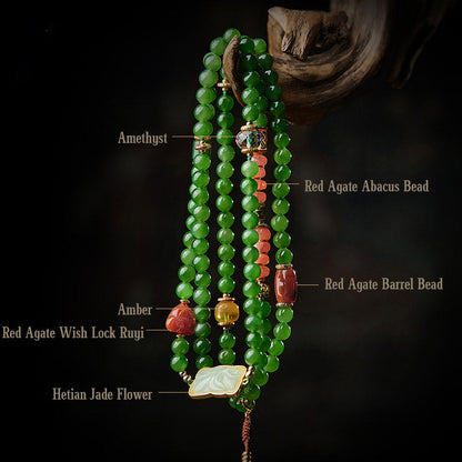 Mythstone 108 Mala Beads Cyan Jade Red Agate Laughing Buddha Luck Bracelet