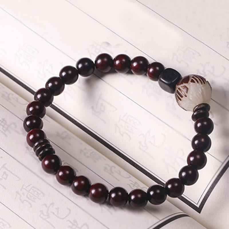 Mythstone Small Leaf Red Sandalwood Lotus Bodhi Seed Carved Protection Double Wrap Bracelet