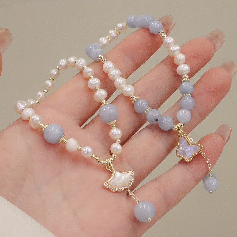 Mythstone Natural Aquamarine Pearl Healing Ginkgo Leaf Butterfly Charm Bracelet