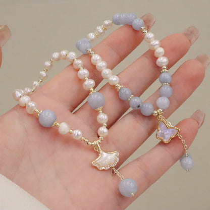 Mythstone Natural Aquamarine Pearl Healing Ginkgo Leaf Butterfly Charm Bracelet