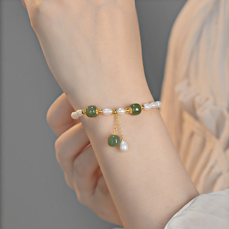 Mythstone 925 Sterling Silver Natural Pearl Hetian Jade Healing Bracelet