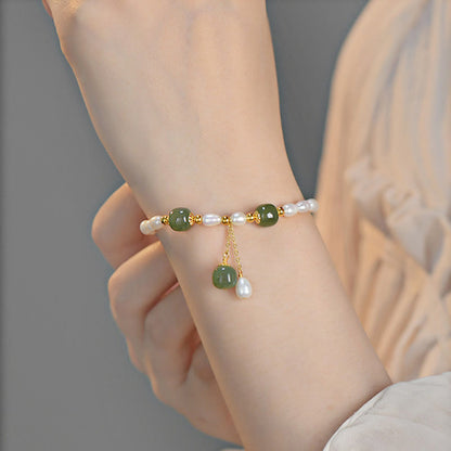 Mythstone 925 Sterling Silver Natural Pearl Hetian Jade Healing Bracelet