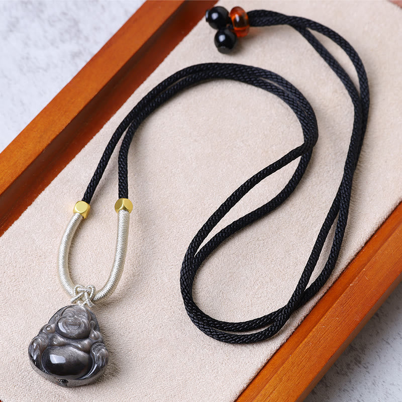 Mythstone Natural Silver Sheen Obsidian Laughing Buddha Protection Necklace Pendant