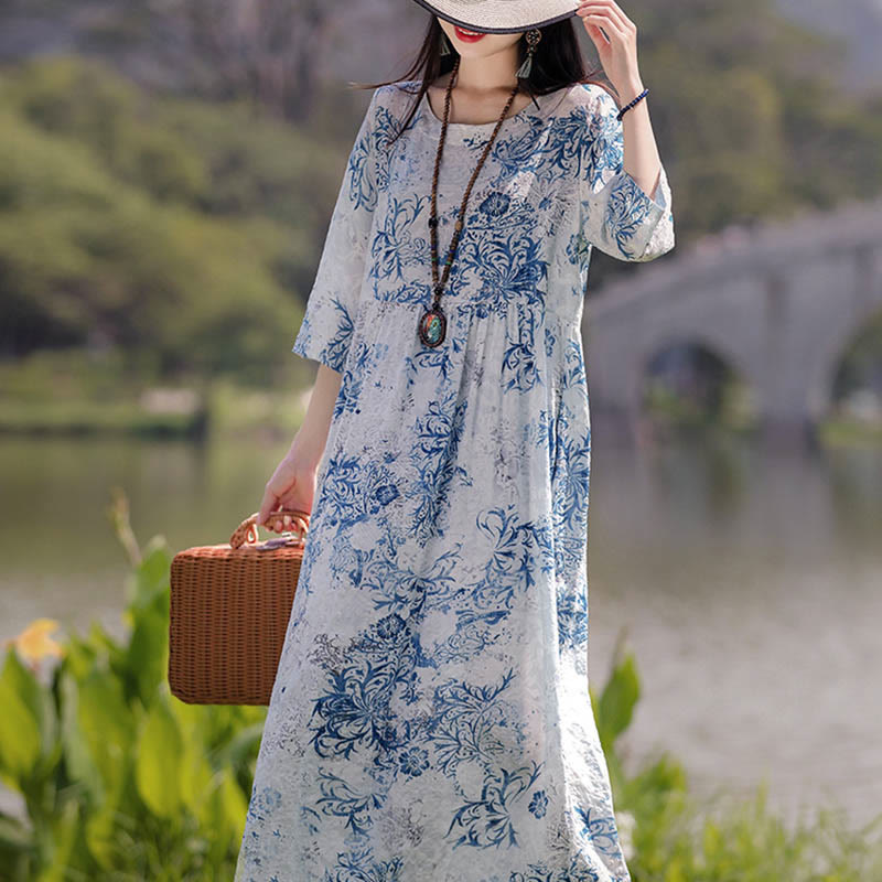 Mythstone Flowers Print Midi Dress Tunic Dress With Pockets