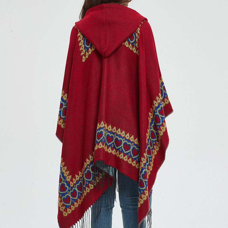 Mythstone Tibetan Shawl Red Love Heart Tassel Hooded Cloak Winter Cozy Travel Scarf Wrap