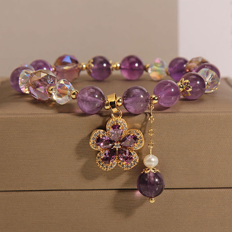 Natural Amethyst Pearl Flower Charm Positive Transformation Bracelet