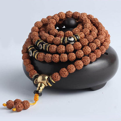 Mythstone 108 Mala Beads Rudraksha Bodhi Seed Dzi Bead Luck Wealth Bracelet