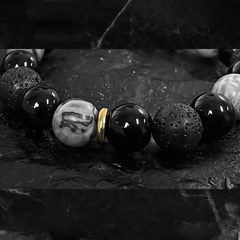 Mythstone Black Obsidian Lava Rock Stone Yin Yang Strength Bracelet