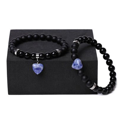 Mythstone 2Pcs Black Onyx Crystal Stone Love Heart Protection Support Couple Bracelet